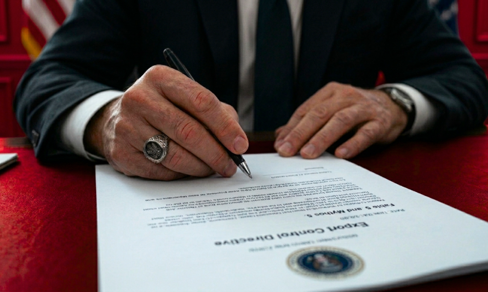 | Anthropic's Claude Fable 5 and Mythos 5 Shut Down by U.S. Government: How AI Safety Warnings Backfired (2026) A close up of a government official signing an official Export Control Directive document on a desk