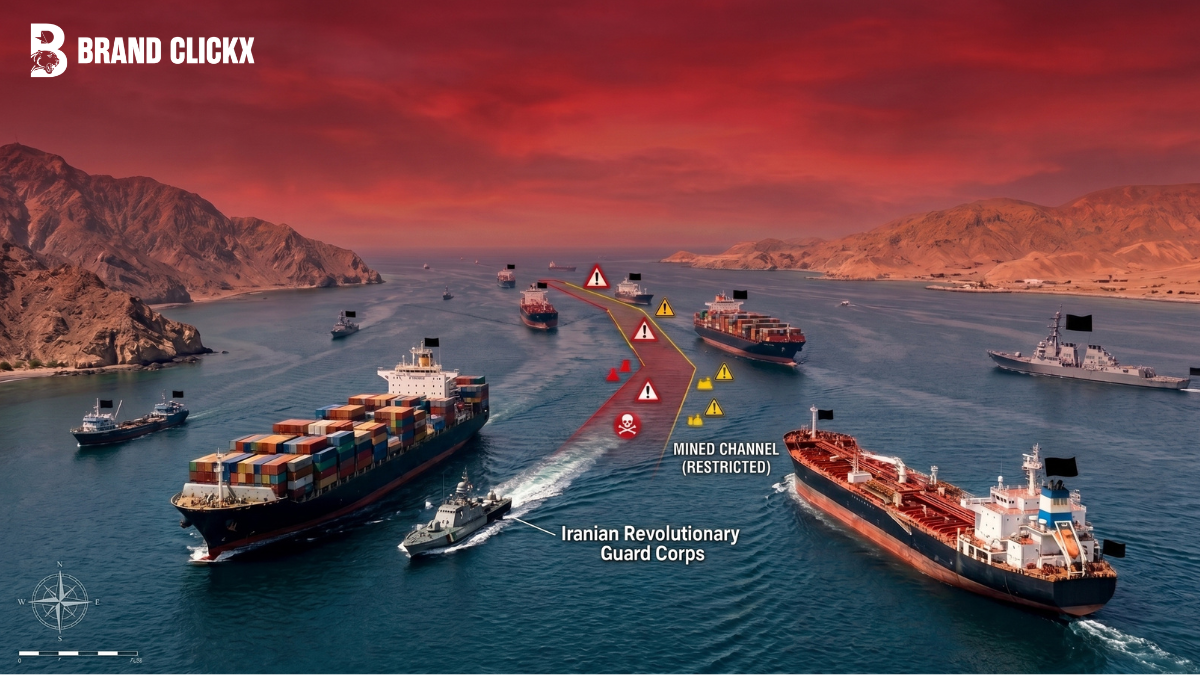 Is the Strait of Hormuz Open The Confirmed Facts A detailed maritime infographic of the Strait of Hormuz showing cargo ships navigating around a highlighted red mined channel restricted path under the BrandClickX logo
