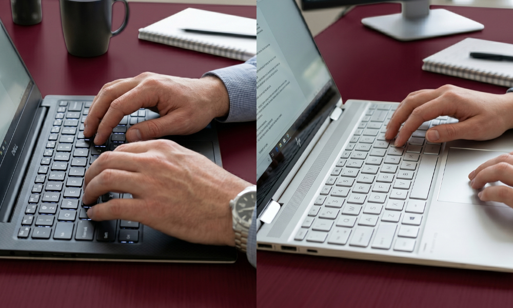 | Dell vs HP Laptops: Which One Gives the Best Value for Work & Study in 2026? Close up view comparing typing ergonomics on a dark Dell keyboard and a silver HP laptop keyboard