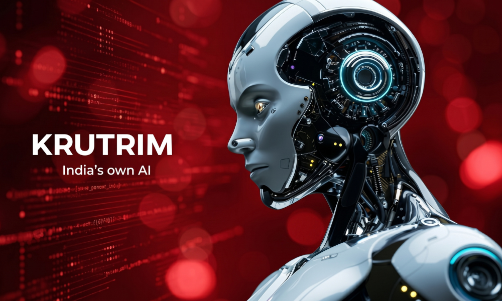 | Sarvam's Unicorn Moment Arrived the Week the World Stopped Sharing Its AI A sophisticated white chrome humanoid robot profile next to the official Krutrim India own AI promotional logo