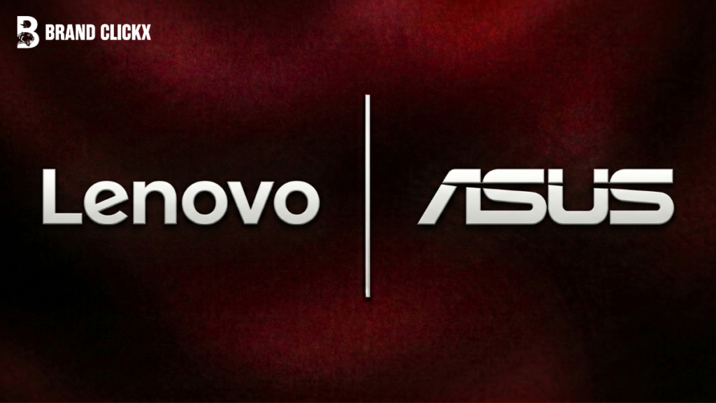 Lenovo vs. ASUS Lenovo and ASUS official corporate brand logos displayed side by side with a vertical divider on a dark red textured background by BrandClickX