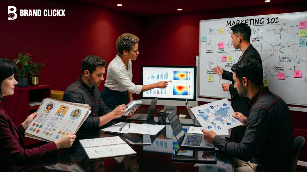 Marketing 101 Corporate marketing 101 corporate strategy presentation session in a premium branding agency boardroom