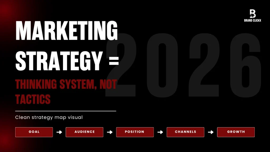 Marketing strategy = thinking system, not tactics Marketing strategy thinking system not tactics framework presentation slide by BrandClickX