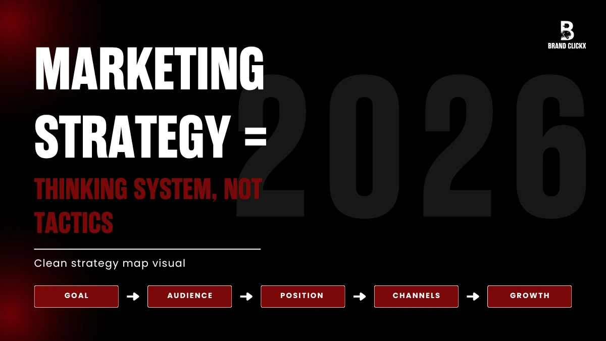 Marketing strategy = thinking system, not tactics Marketing strategy thinking system not tactics framework presentation slide by BrandClickX