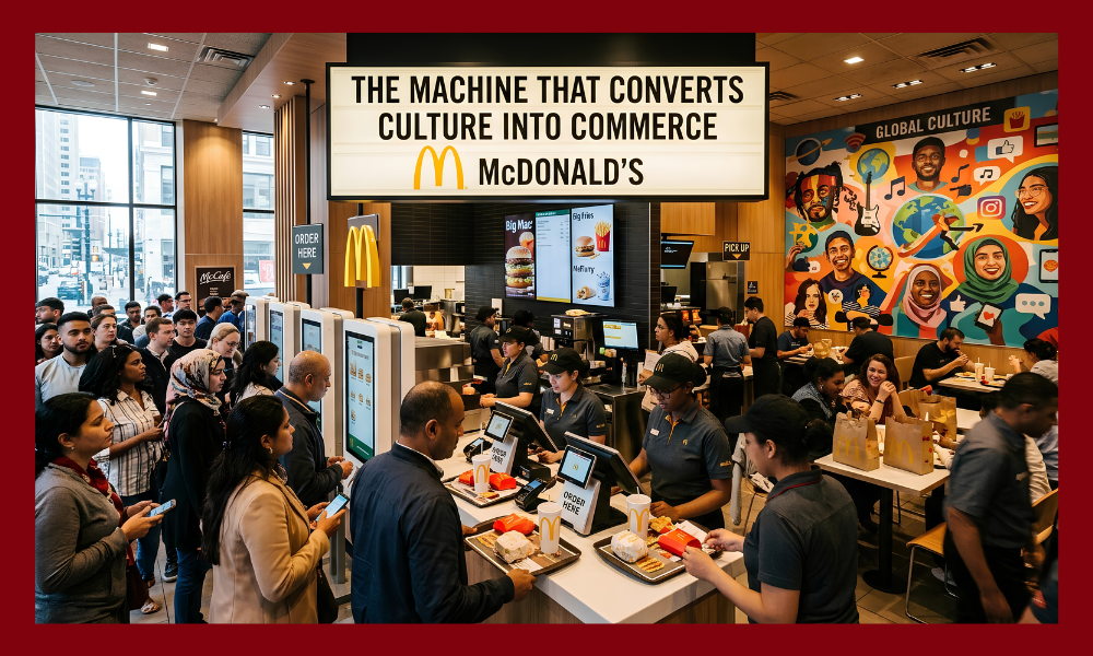 | McDonald's vs. Burger King: Whose Social Media Strategy Actually Works? Busy McDonalds restaurant store interior layout with customers ordering food at digital kiosks
