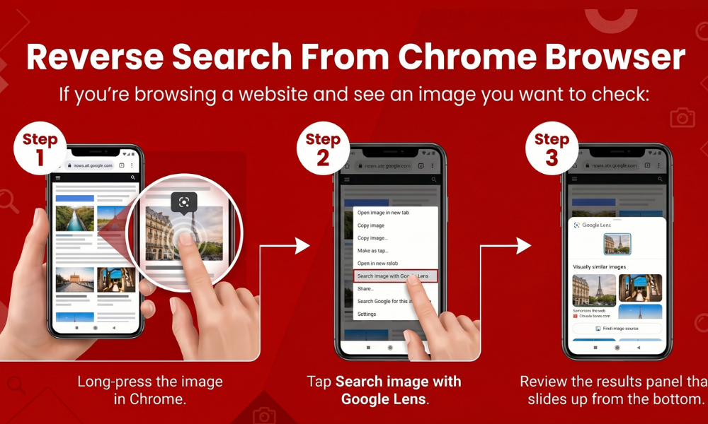 | How to Reverse Image Search on Android Infographic showing how to long-press and search images in mobile Chrome