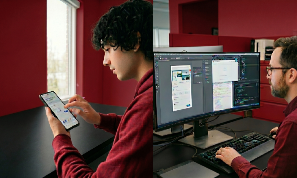 | iPad vs Microsoft Surface: Best Tablet for Productivity in 2026? A side by side workflow display showing mobile application design wireframes next to an enterprise desktop coding monitor