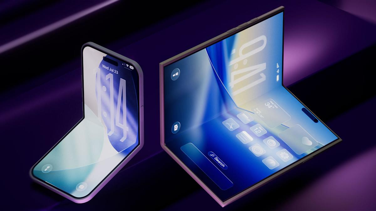 | Samsung Galaxy Fold 8 Leaks Reveal Major Design Changes A close product setup displaying a folded dark purple clamshell flip phone next to an unfolded model with a bright blue and yellow fluid art display screen