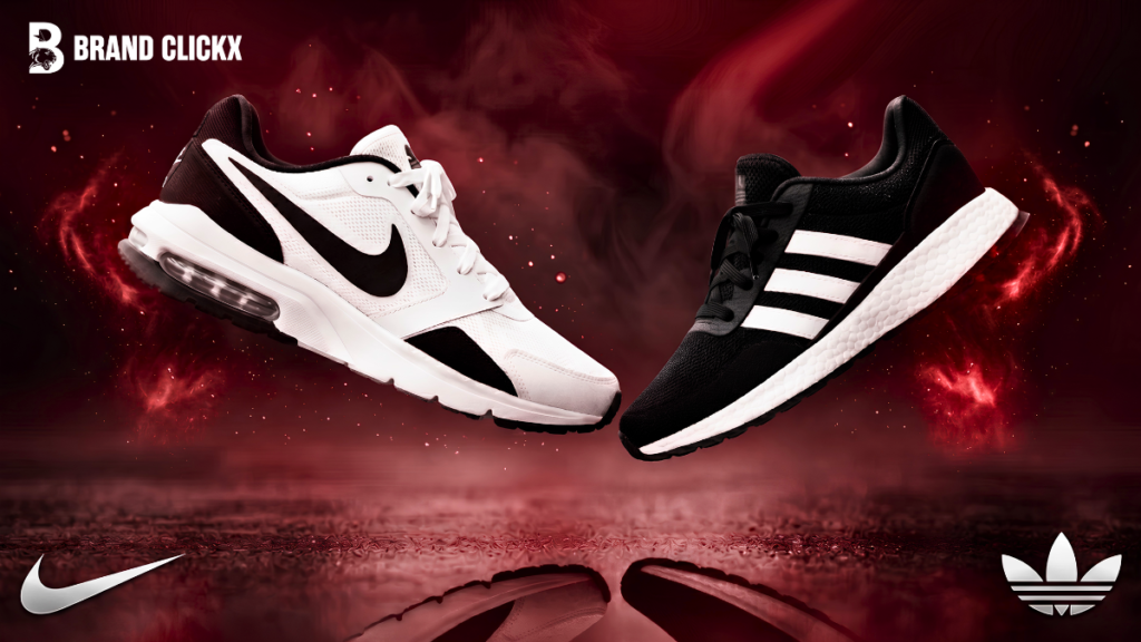 Nike vs Adidas Nike versus Adidas running shoe comparison display side by side on a floating smoky red background