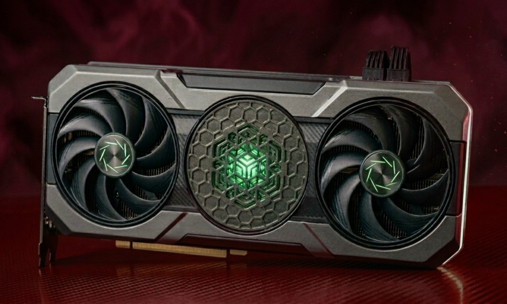 | Nvidia vs AMD GPU: Which One Gives the Best Value in 2026? Close up view of an Nvidia GeForce RTX 50 series graphics card featuring green neon lighting accents