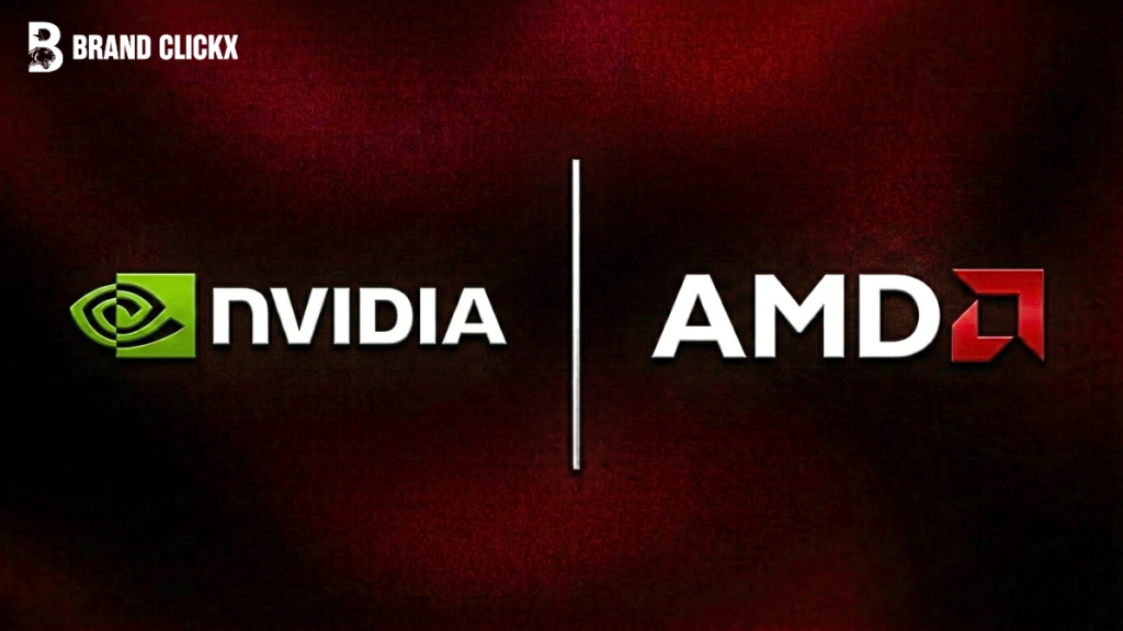 Nvidia vs AMD GPU Nvidia vs AMD graphic processing unit corporate brand logos side by side on a premium red dark background