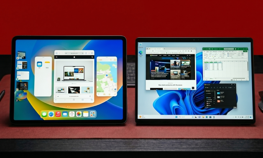 | iPad vs Microsoft Surface: Best Tablet for Productivity in 2026? An open display of an Apple iPad tablet multitasking screen next to a Microsoft Surface Windows 11 desktop interface