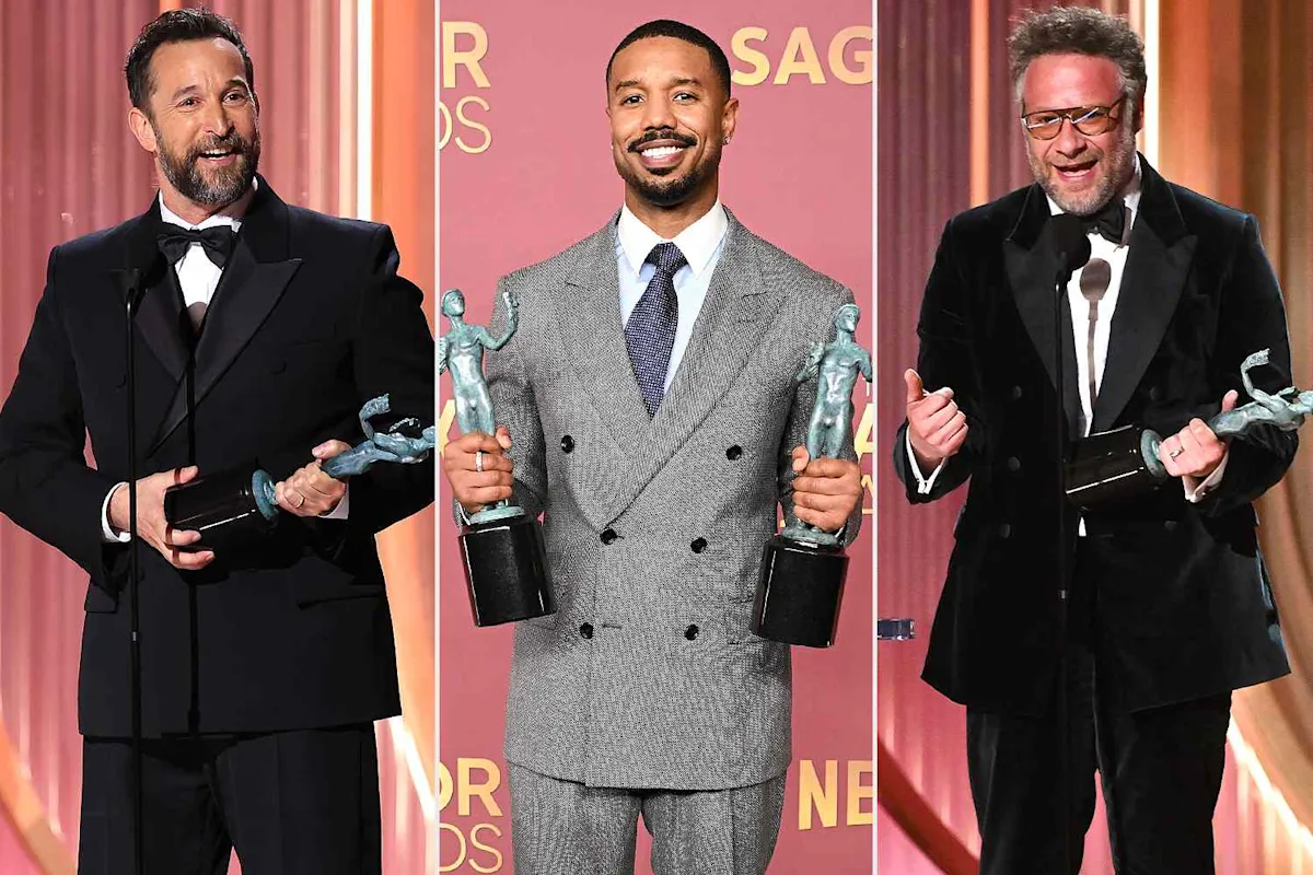 | Oscars Winners 2026: The Big Movie Awards Show Explained Three-panel actor rewards sequence collage featuring award winners holding trophies on stage