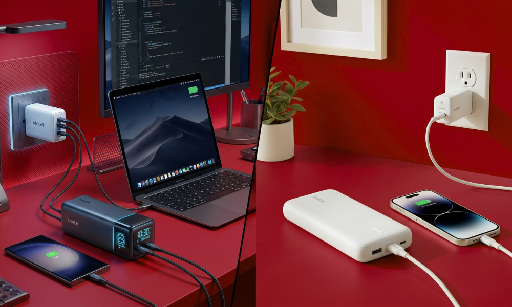 | Anker vs Belkin — The Best Accessories Brand You're Probably Ignoring A split screen visualization showcasing an advanced Anker Prime power bank station with smart display status indicators next to a slim Belkin external battery pack
