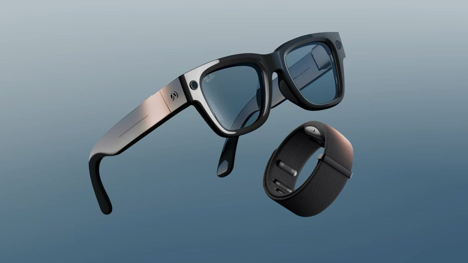 | Meta Launches $299 AI Glasses in Wearables Push A pair of glossy black smart glasses with blue lenses floating alongside a woven black smart wrist strap band over a clean blue backdrop