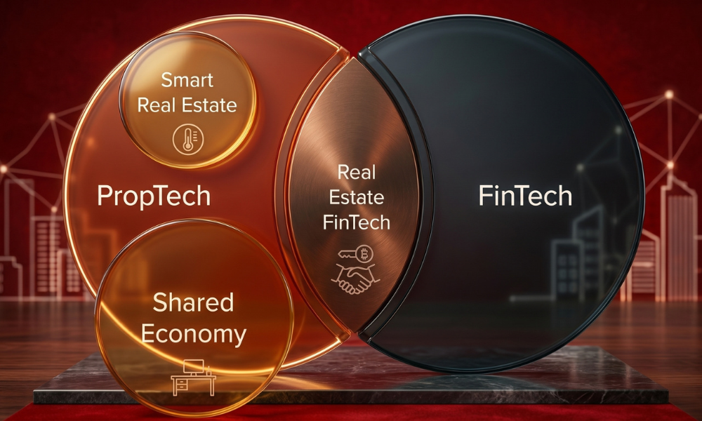 | Home Information Packs: Fixing a Broken Property System A professional Venn diagram illustrating the intersection of PropTech, FinTech, Real Estate FinTech, Smart Real Estate, and the Shared Economy.