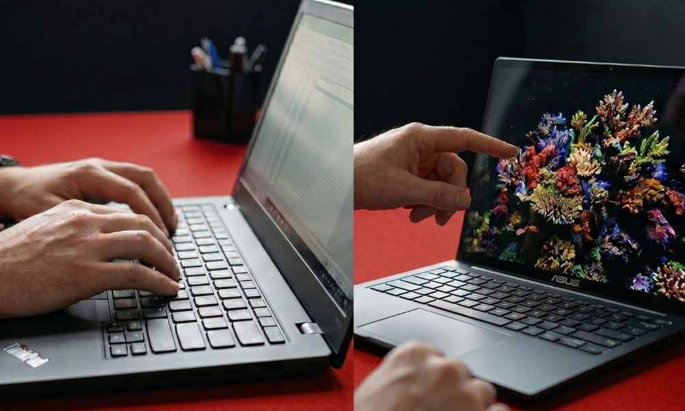 | Lenovo vs. ASUS: The Ultimate Budget-to-Mid-Range Laptop Battle A split screen user interaction showcasing hands typing on an ergonomic Lenovo laptop keyboard next to a finger interacting with a vibrant colorful ASUS touch screen