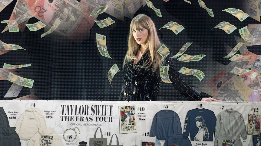 | Taylor Swift Merchandise: Revenue Model, Earnings & Why It's A Billion-Dollar Business Taylor Swift commercial revenue concept showing multi currency bank notes floating over an official merchandise catalog board
