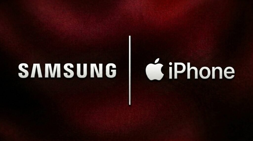 Replace_with_Samsung_Iphone Samsung and Apple iPhone ecosystem brand comparison logo display on a dark red textured background