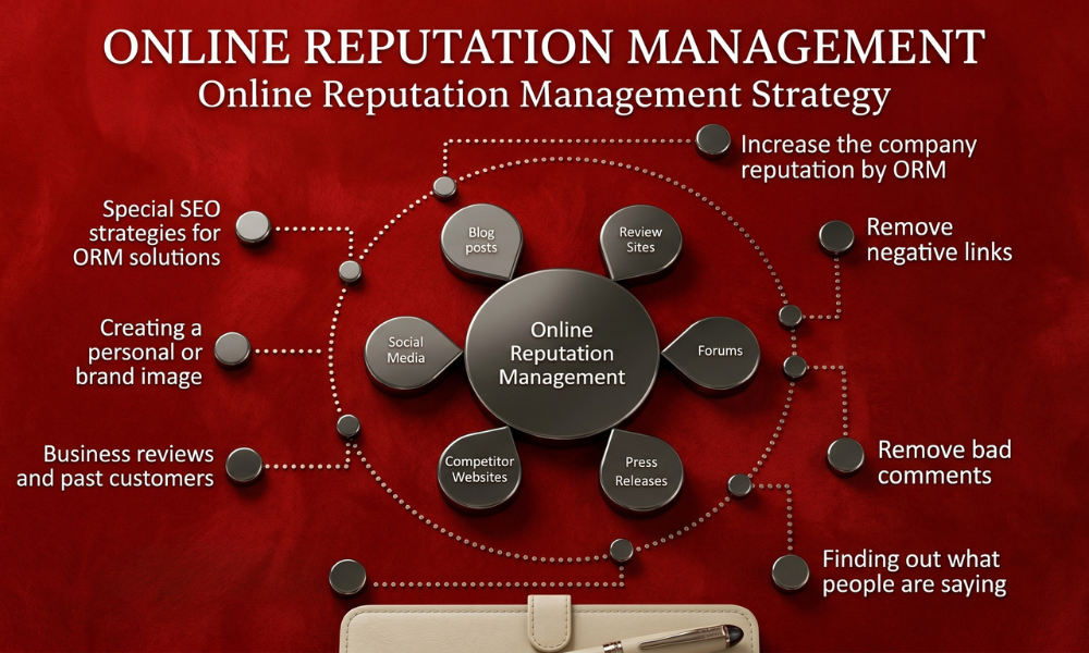 | Why Online Presence Management Became the Survival System for Modern Brands An online reputation management strategy chart illustrating key components like review sites, social media, and removing bad comments.