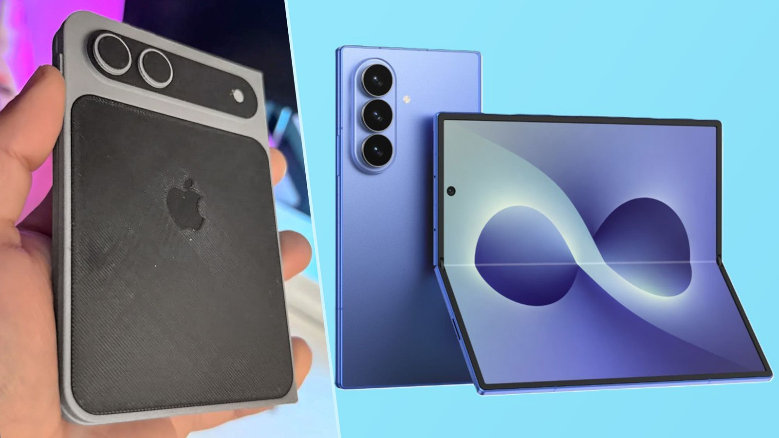 | Samsung Galaxy Fold 8 Leaks Reveal Major Design Changes A side by side hardware leak comparison between a dark grey Apple foldable iPhone prototype shell and an unfolded light blue Samsung Galaxy Z Fold device