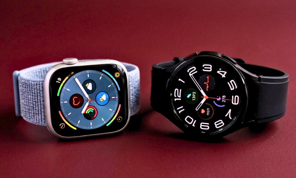 | Apple vs. Samsung, Which Ecosystem Is Worth Your Money in 2026? Side by side view of Apple Watch Series 11 and Samsung Galaxy Watch 8 smartwatches display face comparison