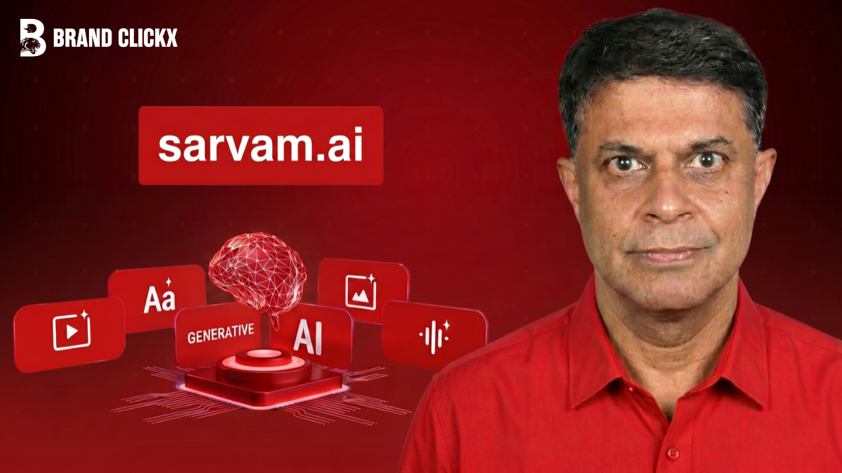 Sarvam’s Unicorn Moment Arrived the Week the World Stopped Sharing Its AI The official sarvam.ai corporate branding logo displayed alongside digital tools modules and an executive tech founder portrait banner by BrandClickX