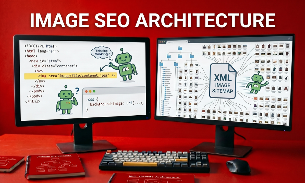 | How Search Engines Understand Images (And Why Most Sites Get It Wrong) A dual monitor setup contrasting raw inline HTML image source code with a structural XML image sitemap directory map tree