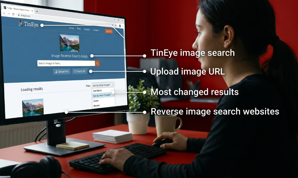 | Is Someone Stealing Your Photos? Here's How to Find Out A detailed UI breakdown of the TinEye reverse image search engine workspace displaying upload inputs and most changed filtering options
