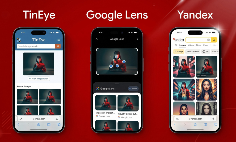 | Is Someone Stealing Your Photos? Here's How to Find Out A side by side smartphone app evaluation comparing visual search interface results across TinEye Google Lens and Yandex