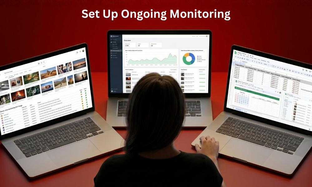 | Is Someone Stealing Your Photos? Here's How to Find Out An analytics lead overview evaluating ongoing image monitoring data charts and spreadsheets across a triple laptop display setup