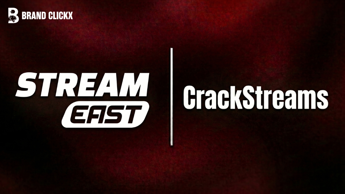Stream vs Crackstreams StreamEast and CrackStreams platform text brands placed side by side with a vertical divider on a dark red textured background by BrandClickX