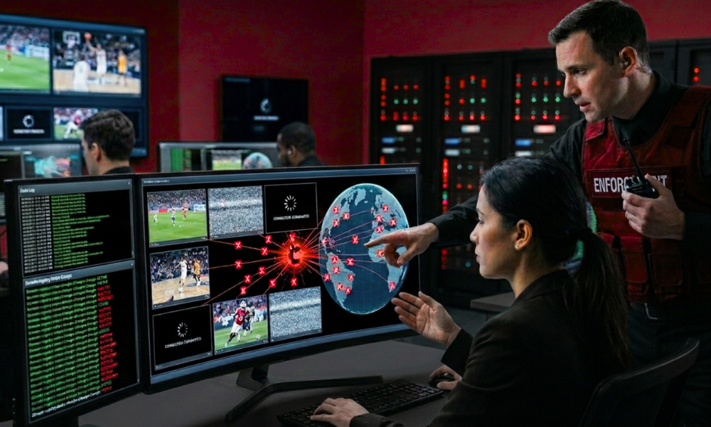 | The StreamEast Shutdown: What the Death of the World's Biggest Pirate Sports Network Says About the Streaming Economy Anti-piracy enforcement team in a digital control center monitoring illegal live sports streaming network domains for takedown operations.