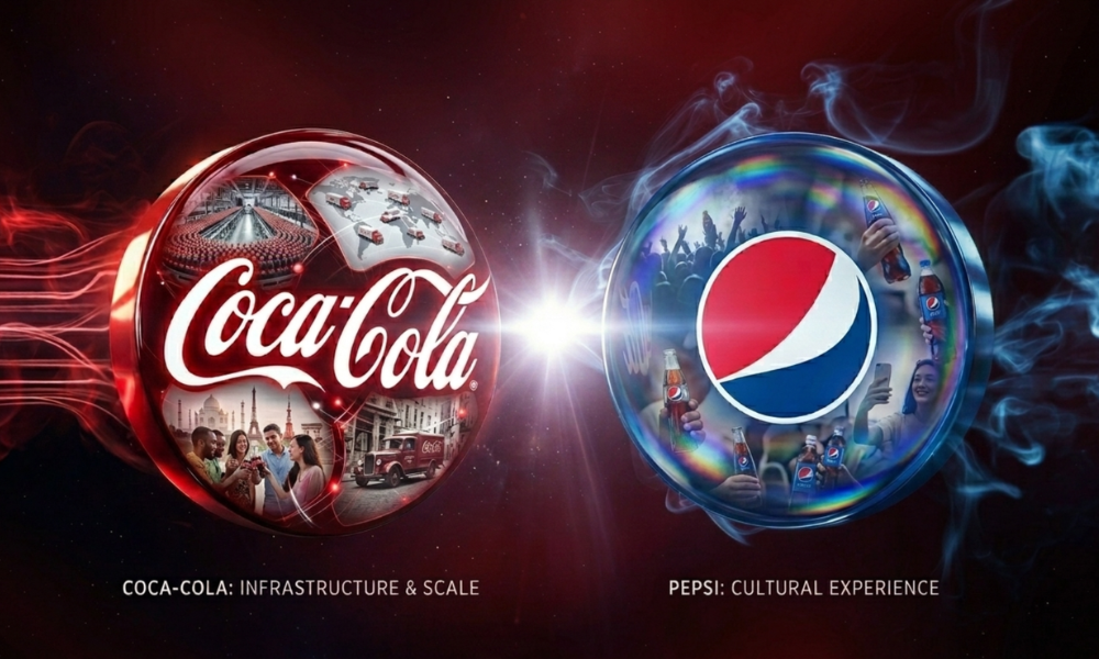 | Coca-Cola vs. Pepsi: 100 Years of Brand War — Who's Winning the Digital Era? Abstract split infographic contrasting Coca-Cola infrastructure strategy with Pepsi cultural experience identity