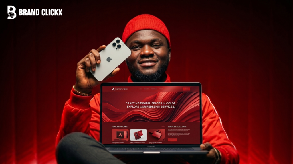 The Art of Making Your Brand Easier to Understand Premium digital branding presentation mockup showcasing integrated website design on a laptop and smartphone screens by BrandClickX