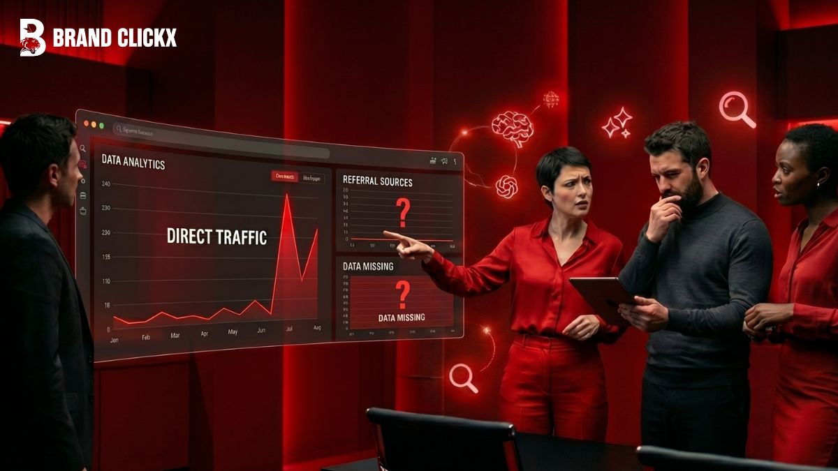 The Attribution Crisis Won’t Kill Agencies. It Will Save Them. A marketing data operations team analyzing a missing referral sources warning on a glowing red analytics display panel by BrandClickX