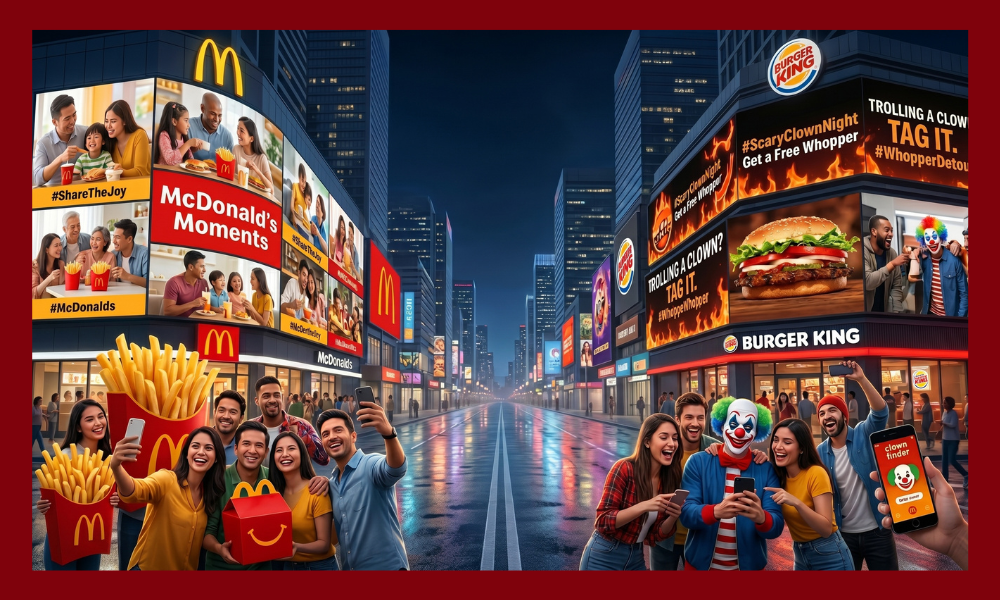 | McDonald's vs. Burger King: Whose Social Media Strategy Actually Works? Split screen digital billboard advertising display comparing McDonalds family moments with Burger King viral marketing