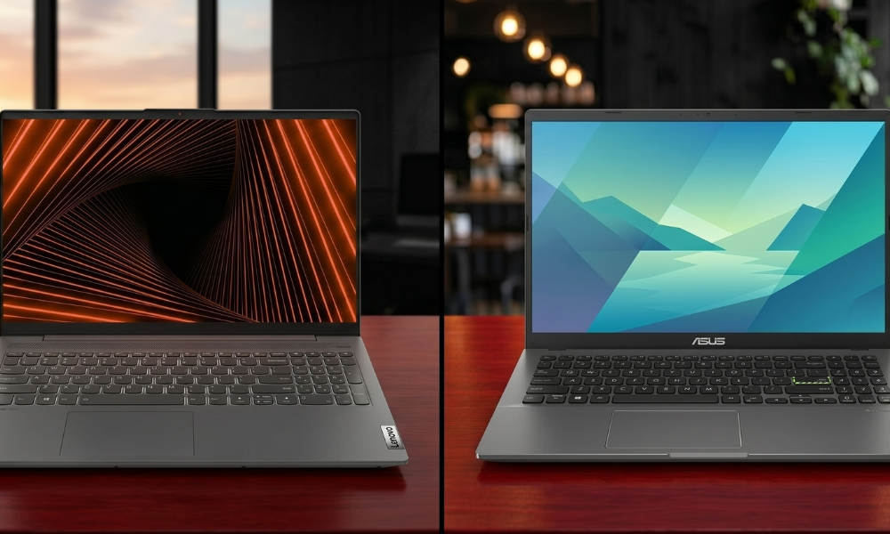 | Lenovo vs. ASUS: The Ultimate Budget-to-Mid-Range Laptop Battle A side by side hardware comparison detailing a grey Lenovo laptop showing an orange screen design next to an ASUS laptop with a blue abstract mountain display