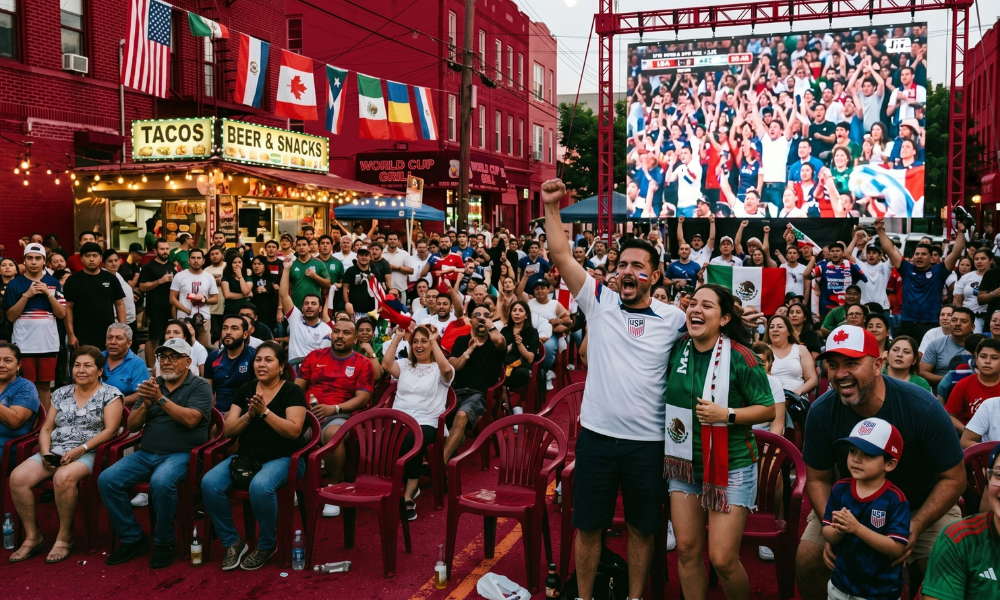| FIFA World Cup 2026 Marketing: How Brands Are Winning the Summer of Soccer A massive crowd of soccer fans celebrating in front of a giant outdoor screen display showing a match at a city fan zone
