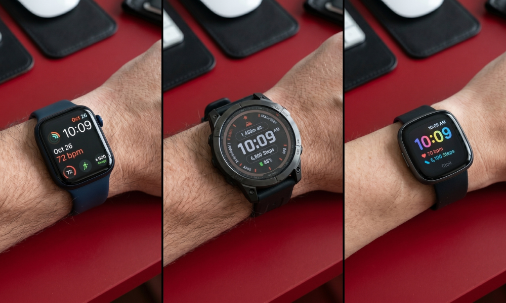 | Fitbit vs Garmin vs Apple Watch: Which Fitness Tracker is Worth It? A three-panel watch screen display comparing an Apple Watch smart face a Garmin activity tracking interface and a Fitbit wellness menu