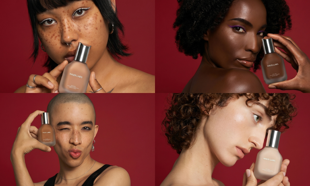 | Haus Labs Foundation Review 2026: Is It Worth It? A split layout showcasing a high glam makeup look of Lady Gaga next to an array of Haus Laboratories lip glosses and eyeliners