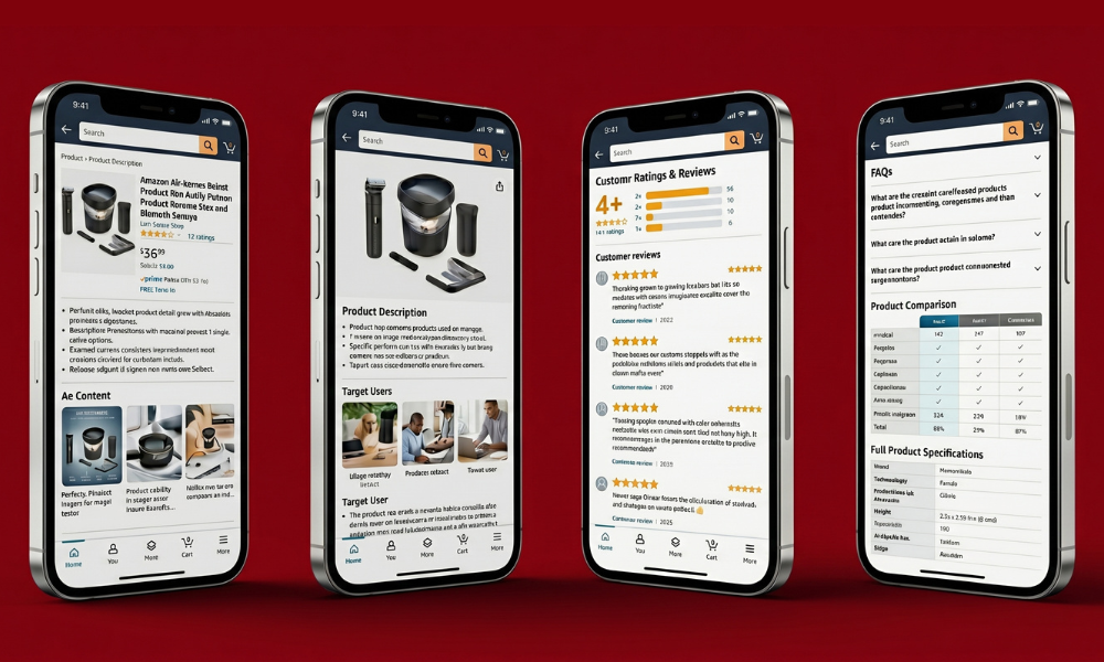 | Amazon Rufus AI Shopping 2026: How Brands Win in the Alexa Era Four smartphone screens displaying a comprehensive product data profile listing description A plus content customer reviews and comparison FAQs