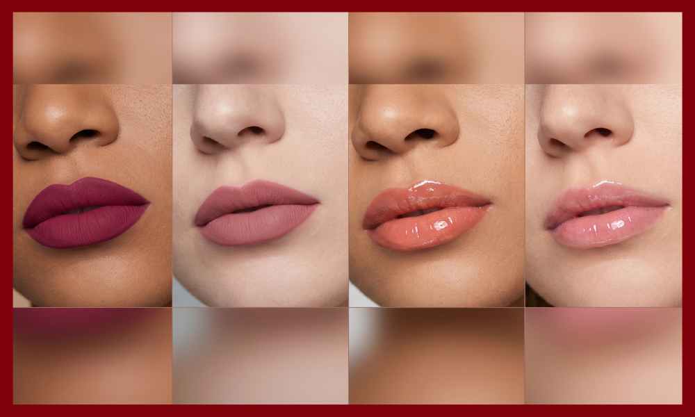 | Kylie Cosmetics Lip Kit Review 2026: Is It Still Worth Buying? A four panel macro lip swatch chart displaying Matte Velvet Glossy and Glaze product finishes in pink and plum shades