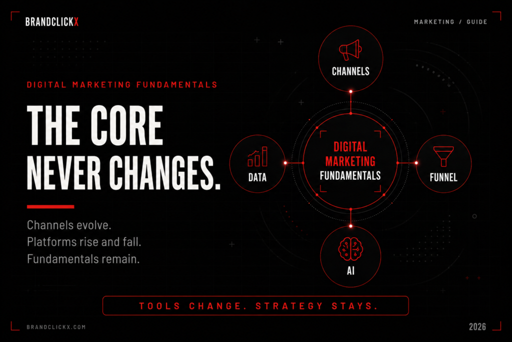 The Fundamentals of Digital Marketing That Survive Every Platform Shift Digital marketing fundamentals guide feature image contrasting artificial intelligence execution with human strategy by BrandClickX