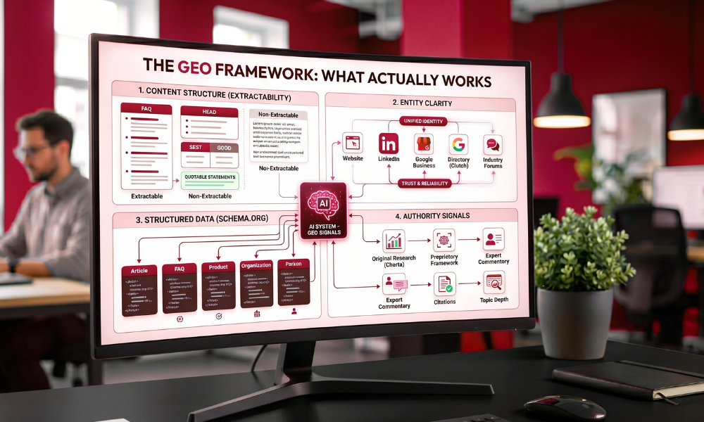 | GEO vs SEO 2026: The Shift From Ranking to Being Cited An open desktop monitor displaying the complete GEO framework mapping content structure entity clarity schema markup and authority signals blueprints