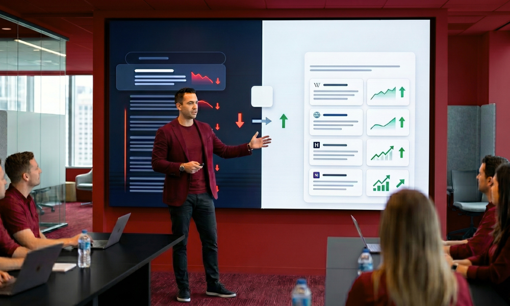 | GEO vs SEO 2026: The Shift From Ranking to Being Cited A corporate marketing lead delivering a data presentation detailing search ranking declines and AI citation conversion traffic growth