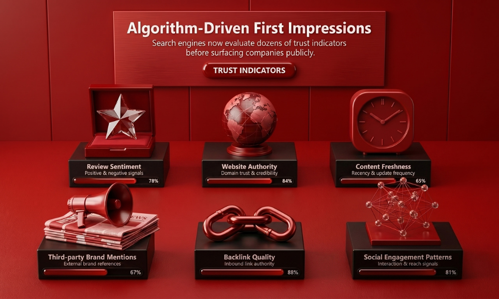An infographic detailing algorithm-driven first impressions and key trust indicators like review sentiment, website authority, and content freshness.