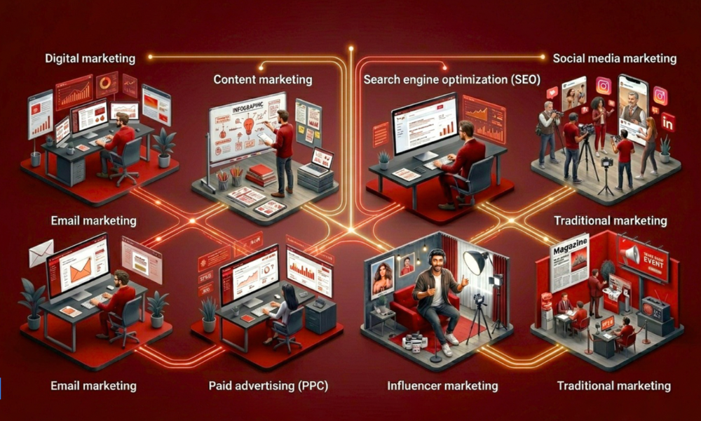 | Marketing 101: What It Actually Is (Hint: It's Not Advertising) Integrated digital channels infographic showing content creation SEO email social media and paid advertising hubs