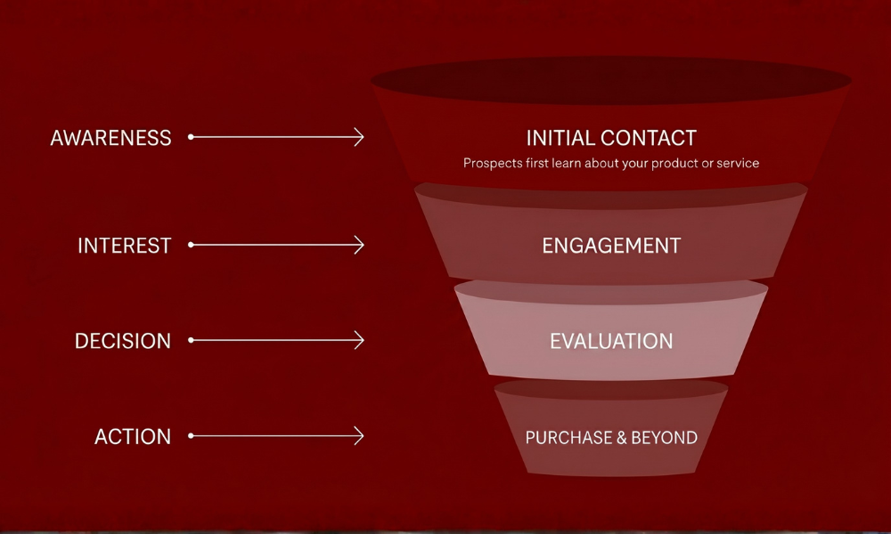 | Marketing 101: What It Actually Is (Hint: It's Not Advertising) The classic inbound marketing funnel diagram displaying user conversion journey steps from awareness to action