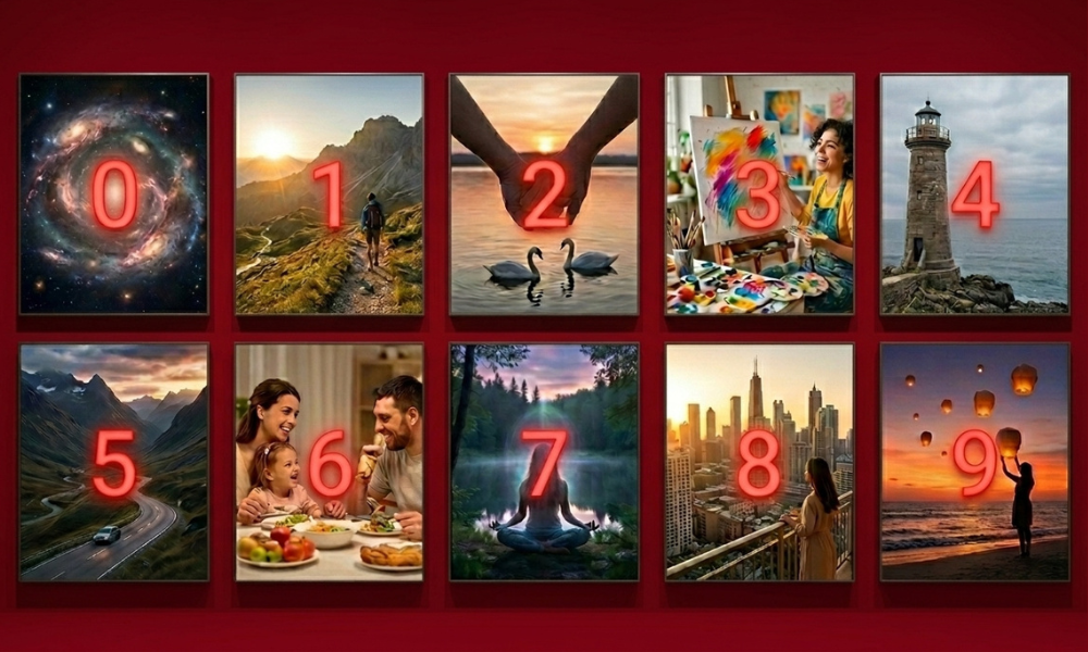 | Angel Numbers: The Complete Guide to Meaning, Numerology, and Spiritual Messages (2026) A ten panel numerology chart visualization displaying symbolic illustrations from numbers zero to nine inside glowing red borders